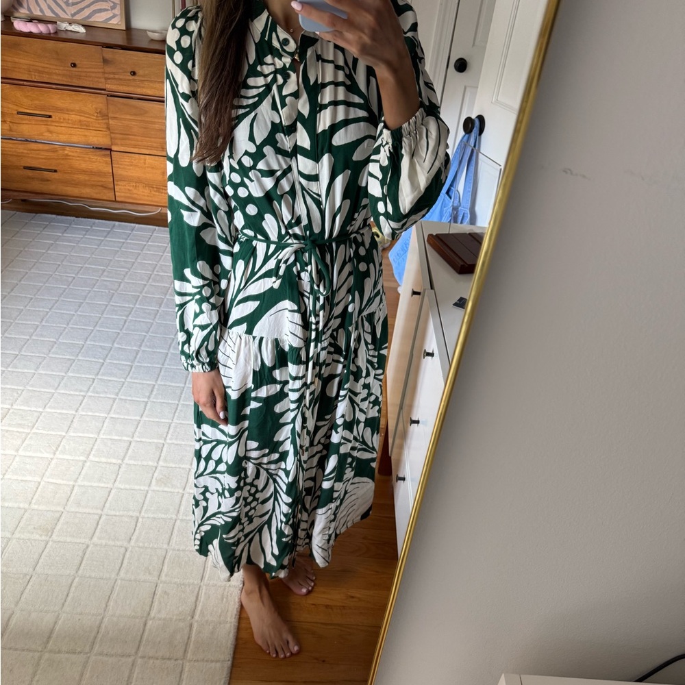 H and M Flowy Green and White Leaf Print Dress